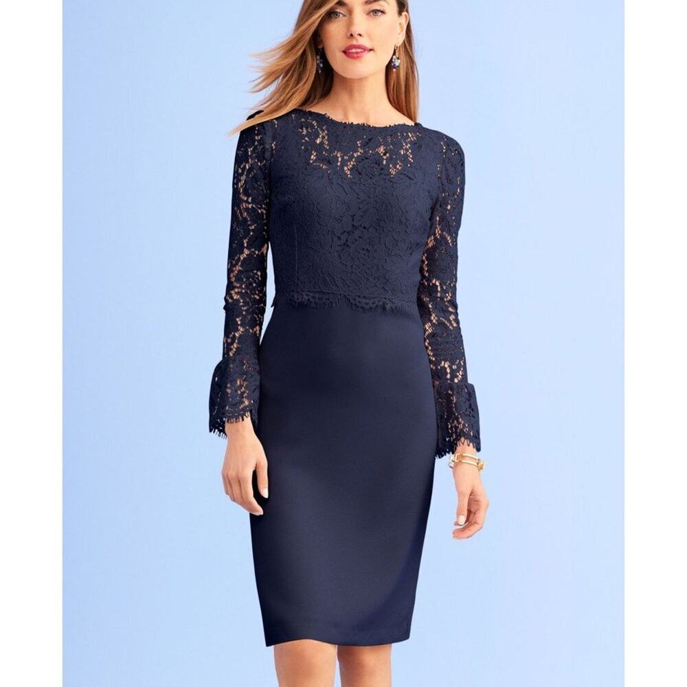 NWT RSVP By Talbots Black Crepe & Lace Sheath Dress Woman's Size 10 bell sleeve